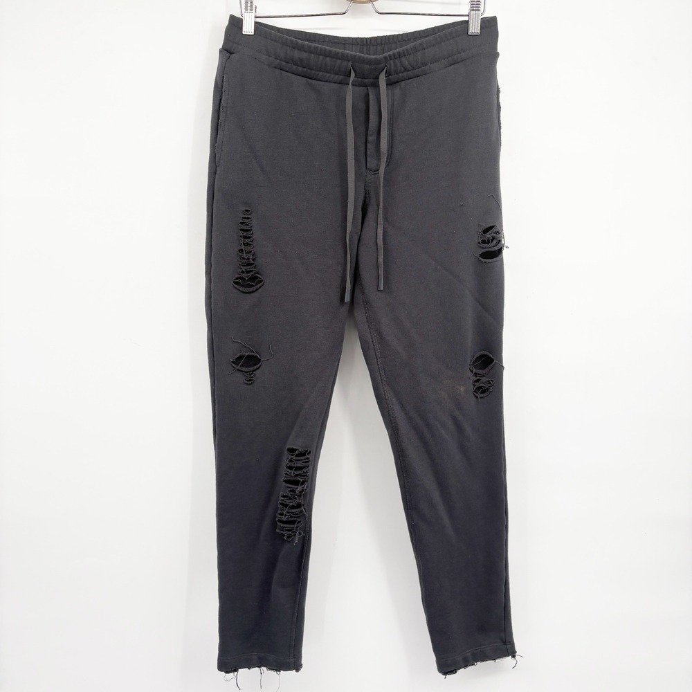 Alo Yoga Mens Distressed Ripped Streetwear Lounge Fleece Joggers Sweatpants Gray